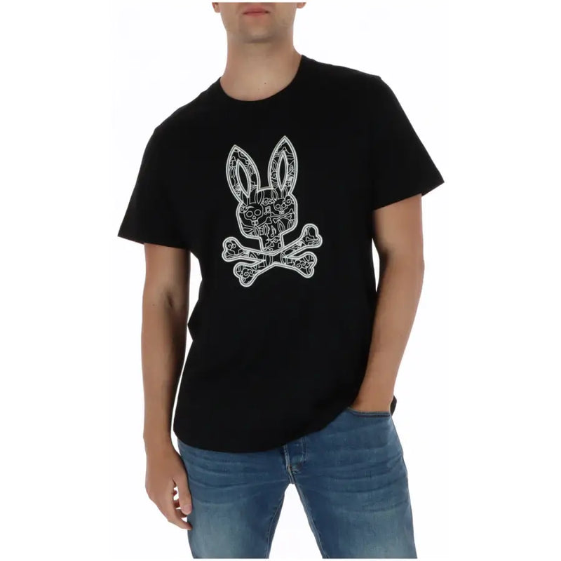 Schwarzes, kurzärmeliges Psycho Bunny Herren-T-Shirt mit weißem, gesticktem Hasenschädel und gekreuzten Knochen aus Baumwolle, Rundhalsausschnitt
