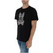 Schwarzes Herren-T-Shirt aus Baumwolle mit Psycho-Bunny-Motiv, weißem, gesticktem Hasenschädel und gekreuzten Knochen, Rundhalsausschnitt