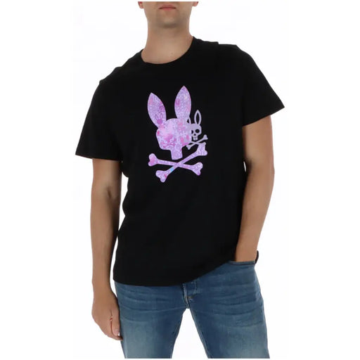 Schwarzes Baumwoll-T-Shirt für Herren mit Psycho-Bunny-Motiv, Rundhalsausschnitt und lila-pinkem Playboy-Bunny-Totenkopf- und Knochenmotiv
