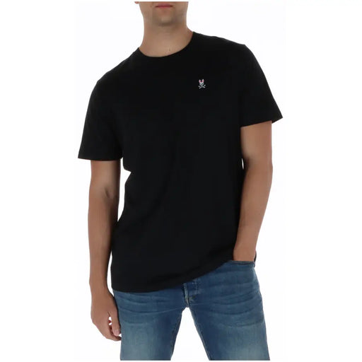 Black short-sleeved Psycho Bunny men t shirt with small embroidered rabbit and skull logo 100% cotton round neck