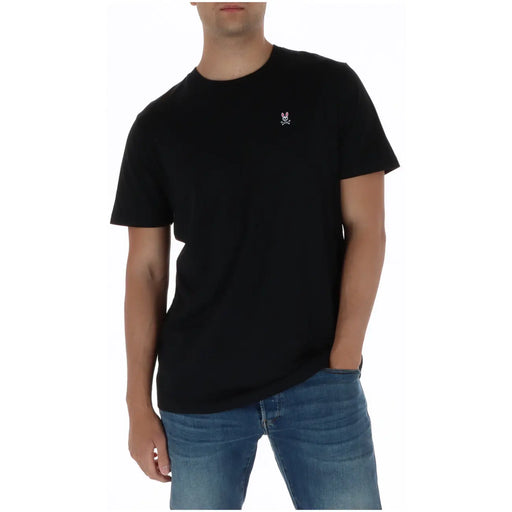 Black short-sleeved Psycho Bunny men t shirt with small embroidered rabbit and skull logo 100% cotton round neck