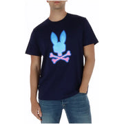 Marineblaues Psycho Bunny Herren-T-Shirt mit hellblau-rosa Farbverlauf und Hasenschädel-Grafik aus Baumwolle