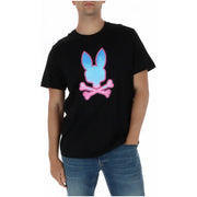 Schwarzes Psycho Bunny Herren-T-Shirt mit leuchtend blauem und pinkem Hasenschädel-Motiv, Rundhalsausschnitt, Baumwolle, MT0200237