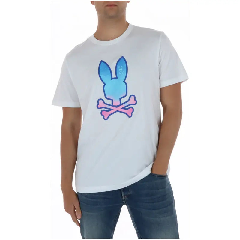 Weißes, kurzärmeliges Herren-T-Shirt mit Psycho-Bunny-Motiv, bedruckt mit einem blau-weißen Hasenkopf und pinkfarbenen gekreuzten Knochen, aus Baumwolle.