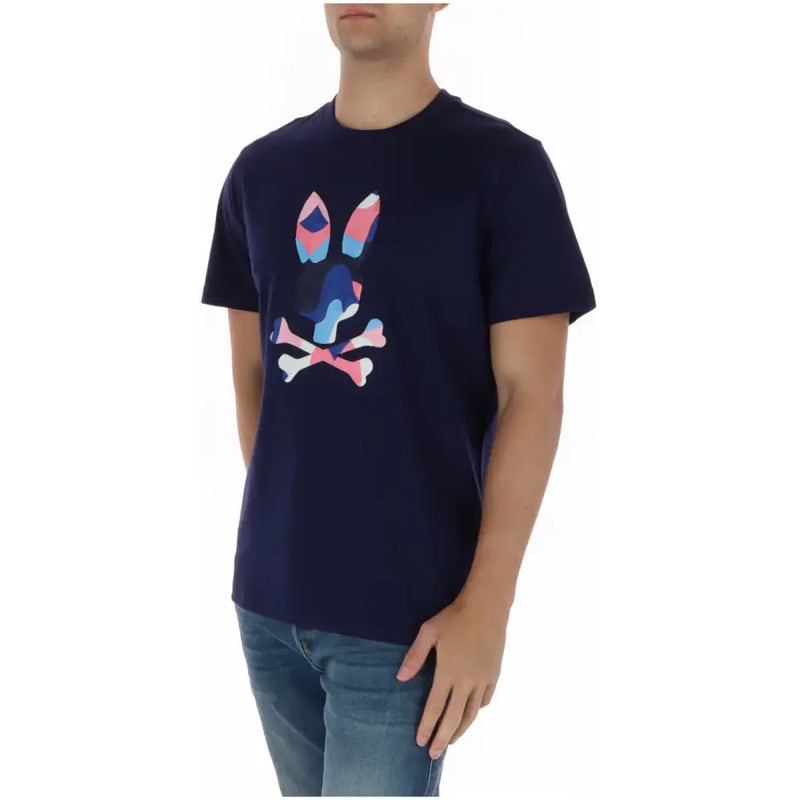 Marineblaues, kurzärmeliges Psycho Bunny Herren-T-Shirt mit farbenfrohem, geometrischem Hasenschädel-Print aus Baumwollstoff