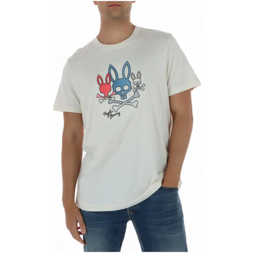 Off-white Psycho Bunny Herren-T-Shirt aus Baumwolle mit farbenfroher Grafik von drei Kaninchen mit gekreuzten Knochen auf der Vorderseite