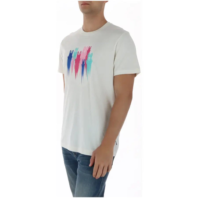 Psycho Bunny Herren-T-Shirt, weiß, Rundhalsausschnitt, Baumwolle, mit farbenfroher, abstrakter Grafik stilisierter Kaninchen