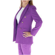 Purple women’s double-breasted blazer with lapel collar and gold-toned buttons in vibrant fabric for formal wear