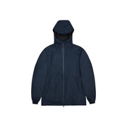 Dunkelblaue, wasserdichte Herren-Blazerjacke mit Kapuze, elegantem, minimalistischem Design und schwarzem Polyesterfutter.