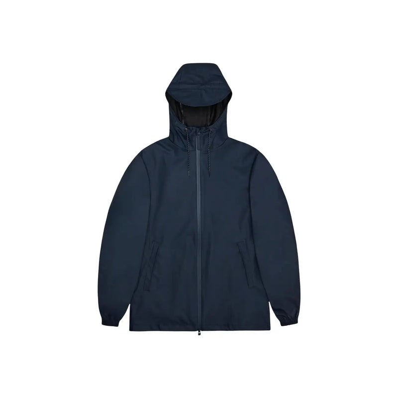 Dunkelblaue, wasserdichte Herren-Blazerjacke mit Kapuze, elegantem, minimalistischem Design und schwarzem Polyesterfutter.