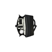 Schwarze Kameratasche aus Leder mit praktischen Fächern, weißen Polstereinsätzen und rundem Objektivdeckel. Regentauglicher Unisex-Mini-Rucksack in Schwarz, wasserdicht.