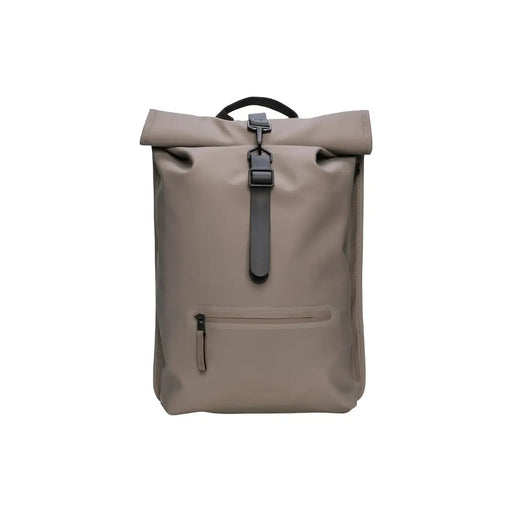 Beigefarbener Unisex-Rolltop-Rucksack „Rains“ mit schwarzen Beschlägen und Reißverschlusstasche vorne aus grauem Polyester