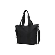 Black canvas tote bag with dual top handles and detachable shoulder strap by rains women in glossy polyester
