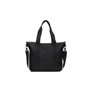 Black nylon Rains women tote bag mini with adjustable shoulder strap and top handles in glossy polyester finish