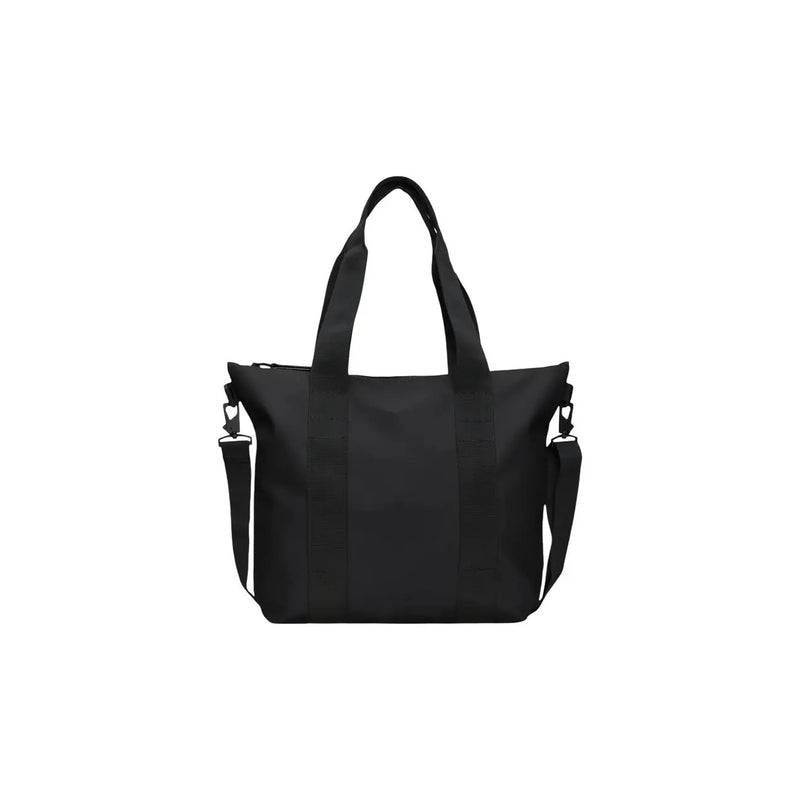 Black nylon Rains women tote bag mini with adjustable shoulder strap and top handles in glossy polyester finish