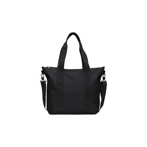 Schwarze Mini-Tragetasche von Rains aus Nylon für Damen mit verstellbarem Schultergurt und top Griffe in glänzender Polyester-Optik