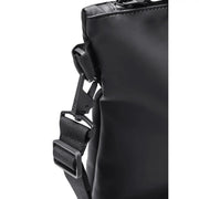 Black nylon shoulder strap with matte black plastic buckle and adjustable length for rains women black tote bag mini polyester