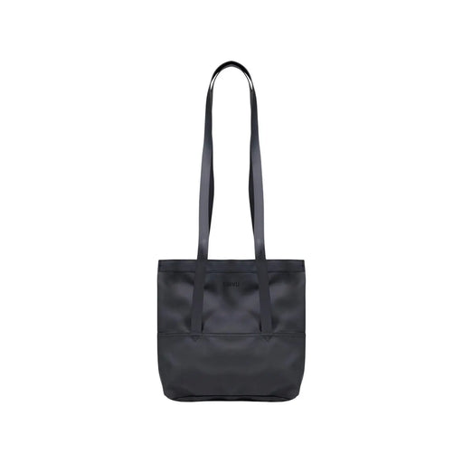 Schwarze Nylon-Tragetasche mit langen Henkeln und minimalistischem Design, von hinten gesehen, von Rains, Damen-Umhängetasche aus Polyester