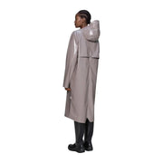 Rains women lilac glossy hooded polyester blazer with a sleek matte gray rains raincoat and minimalist design