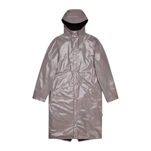 Ein eleganter, metallisch grauer Damenblazer aus glänzendem, lilafarbenem Polyester mit Kapuze, schwarzer Kapuze und glänzendem Finish