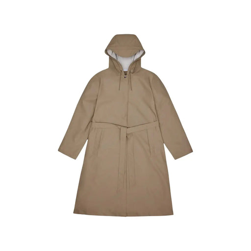 Beigefarbener Trenchcoat aus Polyester mit Kapuze, weißem Innenfutter und passendem Gürtel aus der Rains Damen-Blazer-Kollektion.