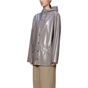 A sleek metallic gray raincoat with glossy finish and black buttons featured in rains women purple polyester hooded blazer jacket