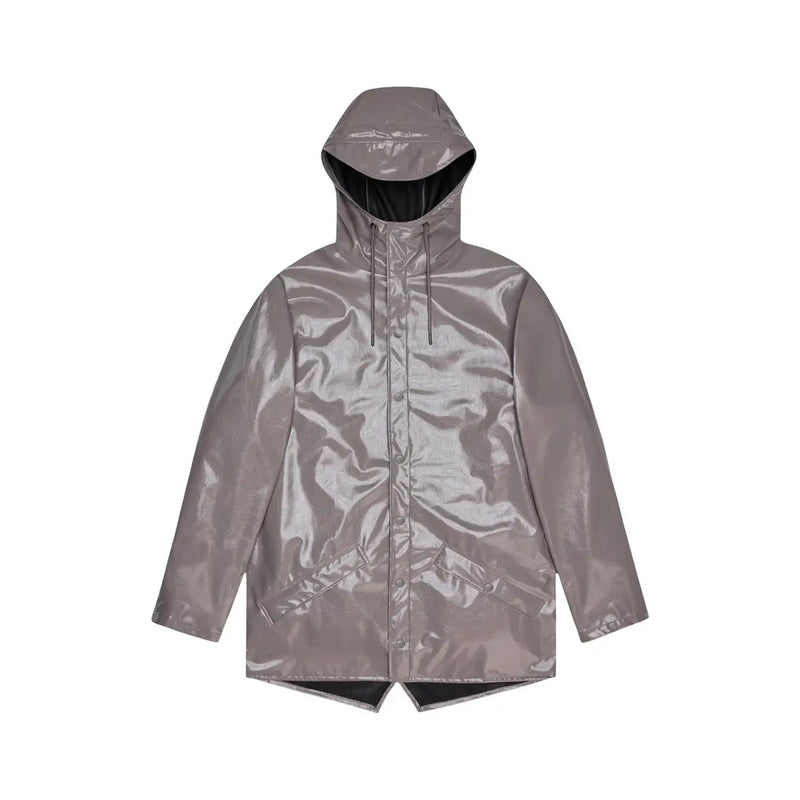 Rains women purple polyester hooded blazer jacket with a sleek metallic gray glossy finish and black-lined hood