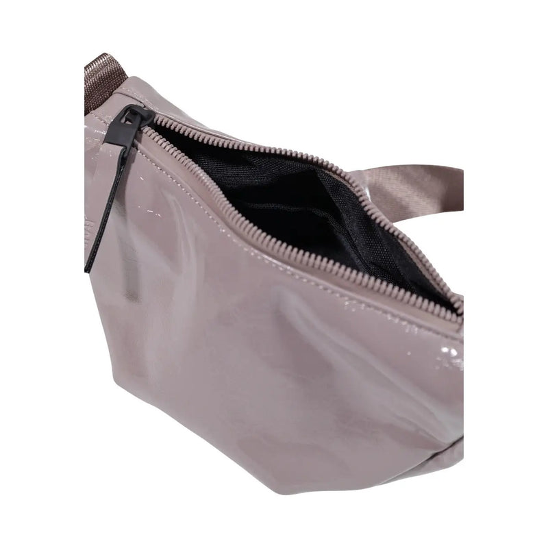 A sleek matte gray patent leather fanny pack with black zipper featured alongside rains women purple shoulder bag polyester mini size