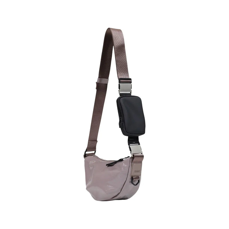 Rains women purple shoulder bag in sleek translucent lavender polyester with brown strap and black zippered pocket