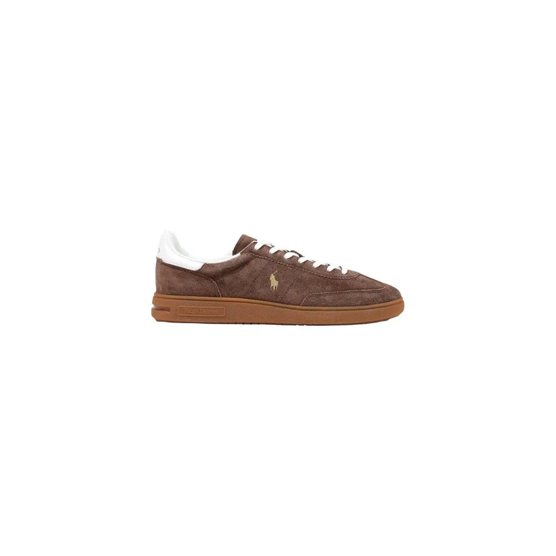 Ralph Lauren Herrenschuhe aus braunem Wildleder top Sneaker mit weißen Schnürsenkeln und hellbrauner Gummisohle für die Freizeit