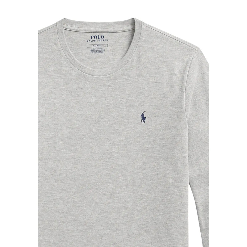 Ralph Lauren Herren grauer Baumwoll-Schlafanzug top mit meliertem Stoff und kleinem, marineblauem, gesticktem Polospieler-Logo