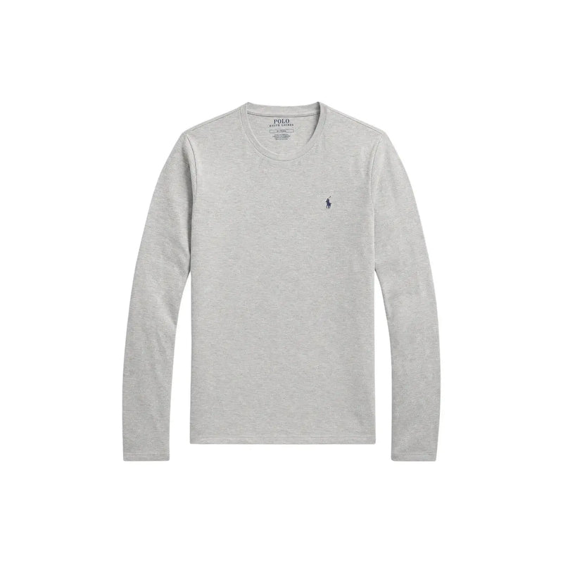 Ralph Lauren Herren grauer Baumwoll-Schlafanzug top mit hellgrauen langen Ärmeln und schwarzem, gesticktem Polospieler-Logo