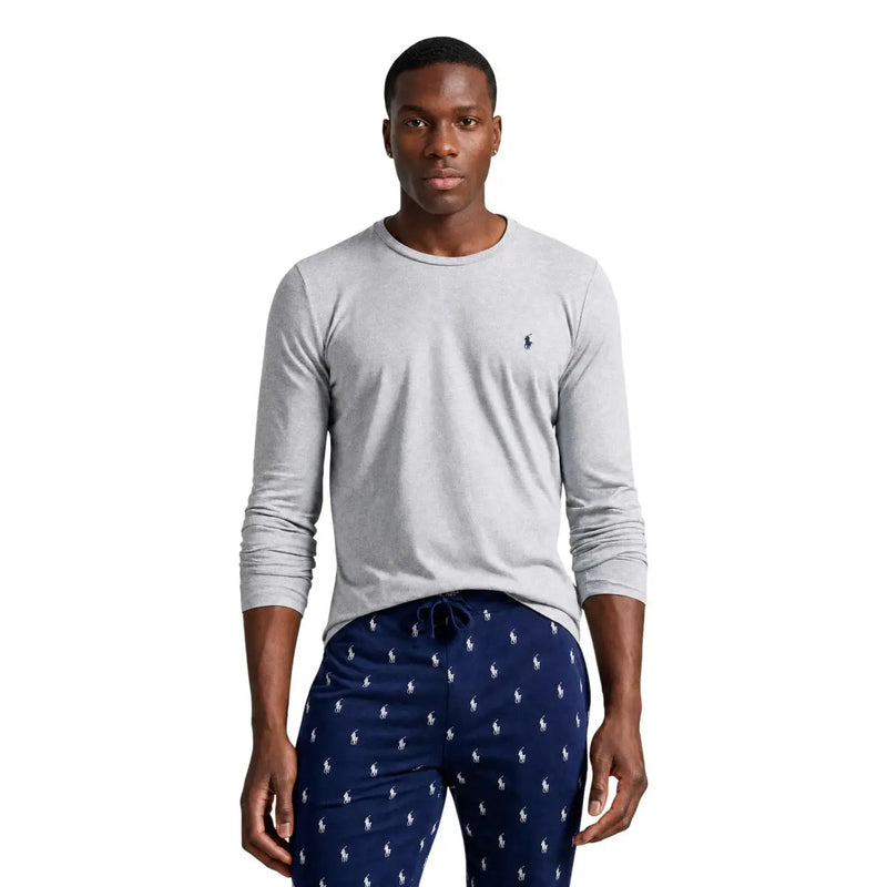 Ralph Lauren Herren grauer Baumwoll-Schlafanzug top mit Rundhalsausschnitt, langen Ärmeln und marineblauem Polo-Spielerlogo auf der linken Brust
