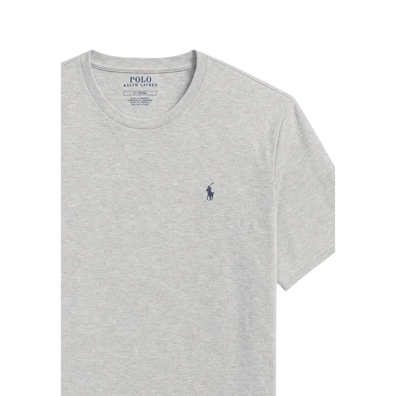 Heather gray Ralph Lauren mens cotton crew sleep top with small navy blue embroidered horse and rider logo on left chest