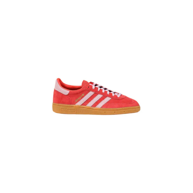 Red Adidas Handball Spezial sneaker with white stripes displayed in product image