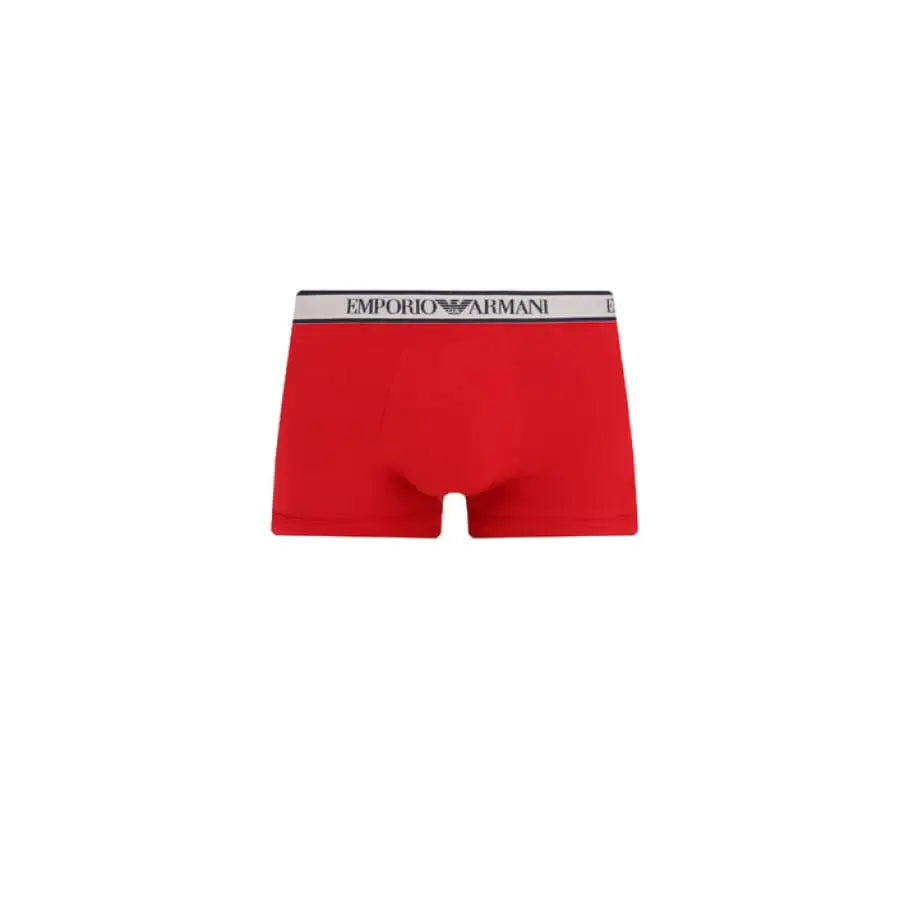 
                      
                        Emporio Armani underwear featuring men’s red boxer with white and black waistband.
                      
                    
