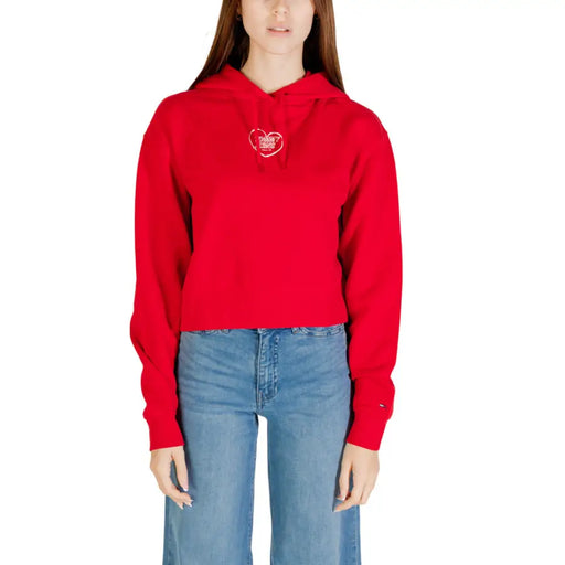 Roter, kurzer Hoodie mit Herzgrafik von Tommy Hilfiger Damen-Kapuzenpullover aus Bio-Baumwolle