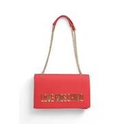 Red handbag with gold Love Moschino lettering and stylish chain strap