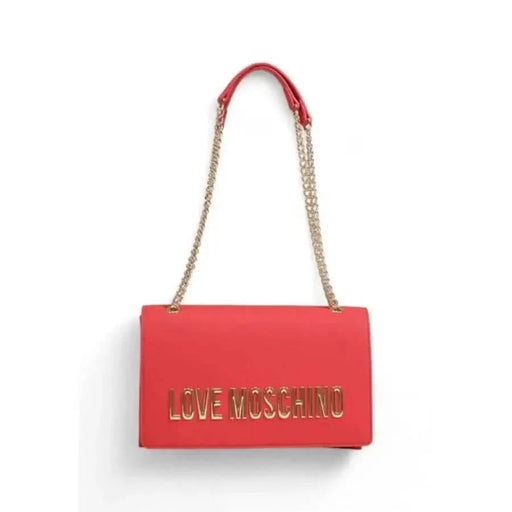 Red handbag with gold Love Moschino lettering and stylish chain strap
