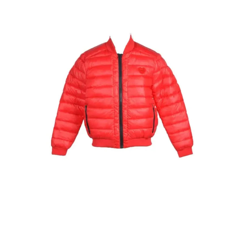 Red puffer jacket with black zipper from Love Moschino for women made of polyamide