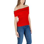 Red sleeveless boat neck cotton blend knit top for women featuring a vibrant red ribbed knit off-the-shoulder design