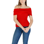 A vibrant red sleeveless boat neck cotton blend knit top with a ribbed texture and off-the-shoulder draped neckline