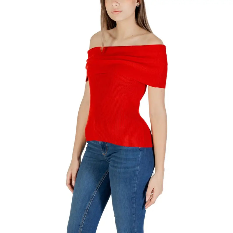 Vibrant red sleeveless boat neck cotton blend knit top with ribbed texture for women in an off-the-shoulder style