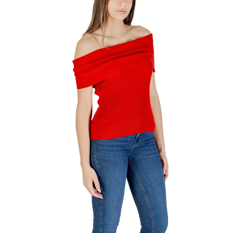 Red sleeveless boat neck cotton blend knit top for women featuring a vibrant red ribbed knit off-the-shoulder design