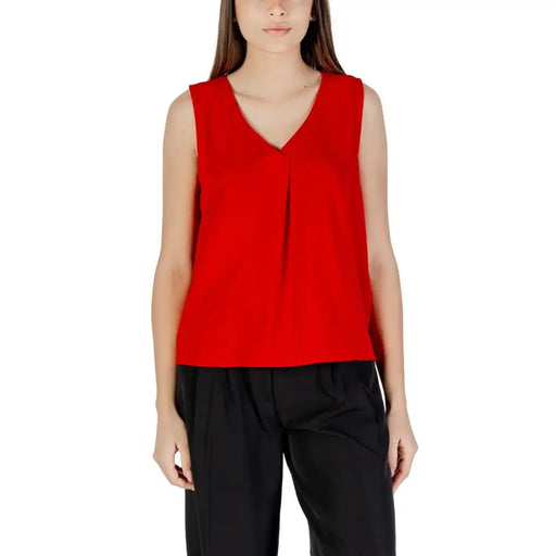 Vibrant red sleeveless V-neck polyester tank top for women with pleating