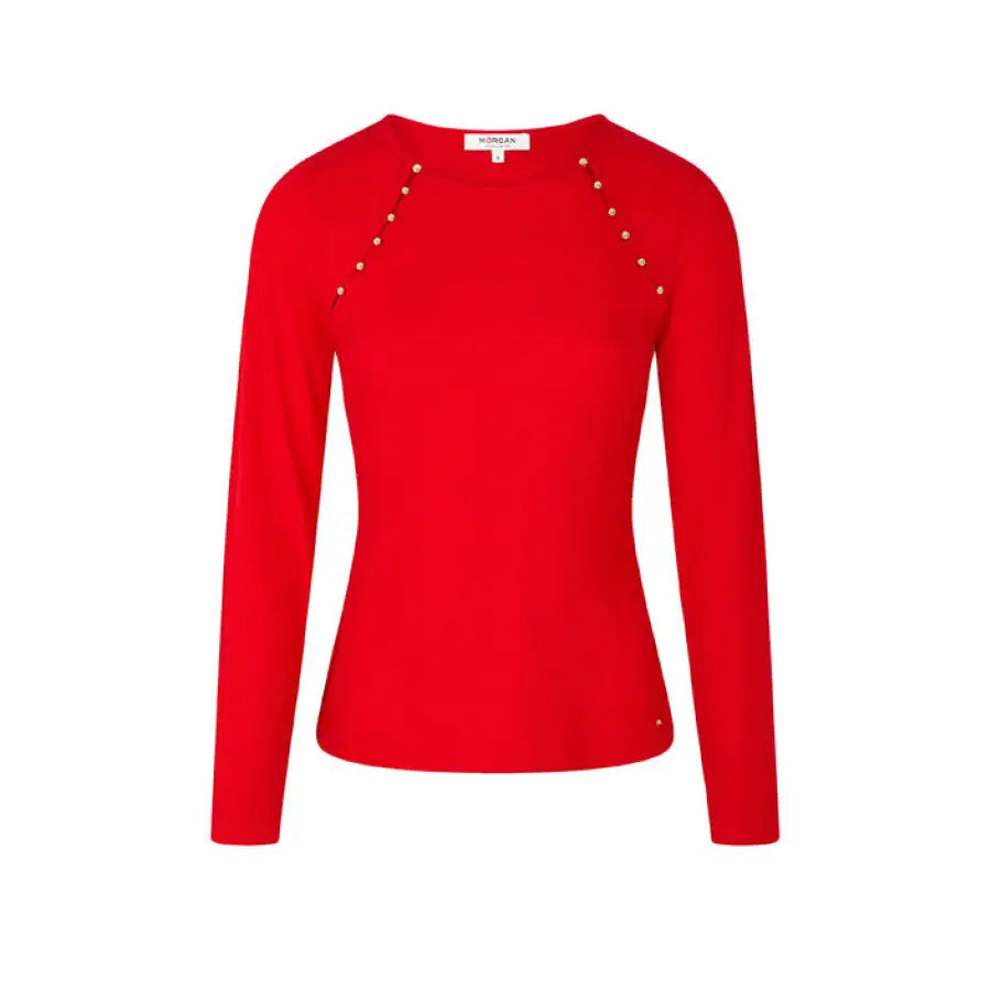 Red sweater with gold buttons showcasing urban city style from Morgan De Toi collection