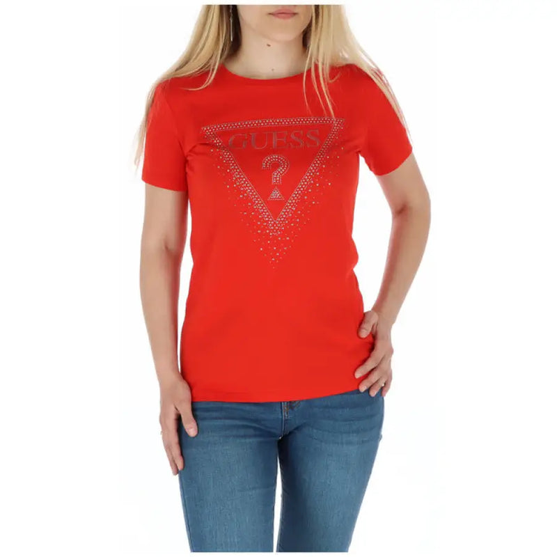 Red T shirt with rhinestone logo for stylish casual wear