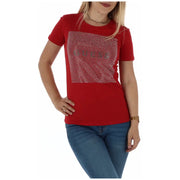 Red women’s cotton T-shirt with a square of silver embellishments from Guess