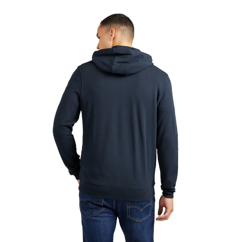 Marineblauer Refrigiwear Herren-Kapuzenpullover aus Baumwolle mit Reißverschluss, gerippten Bündchen und Saum, von der Rückseite gesehen