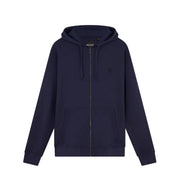 Marineblauer Baumwoll-Kapuzenpullover mit Reißverschluss für Herren von Refrigiwear mit Kordelzug an der Kapuze und kleinem, gesticktem Logo auf der Brust